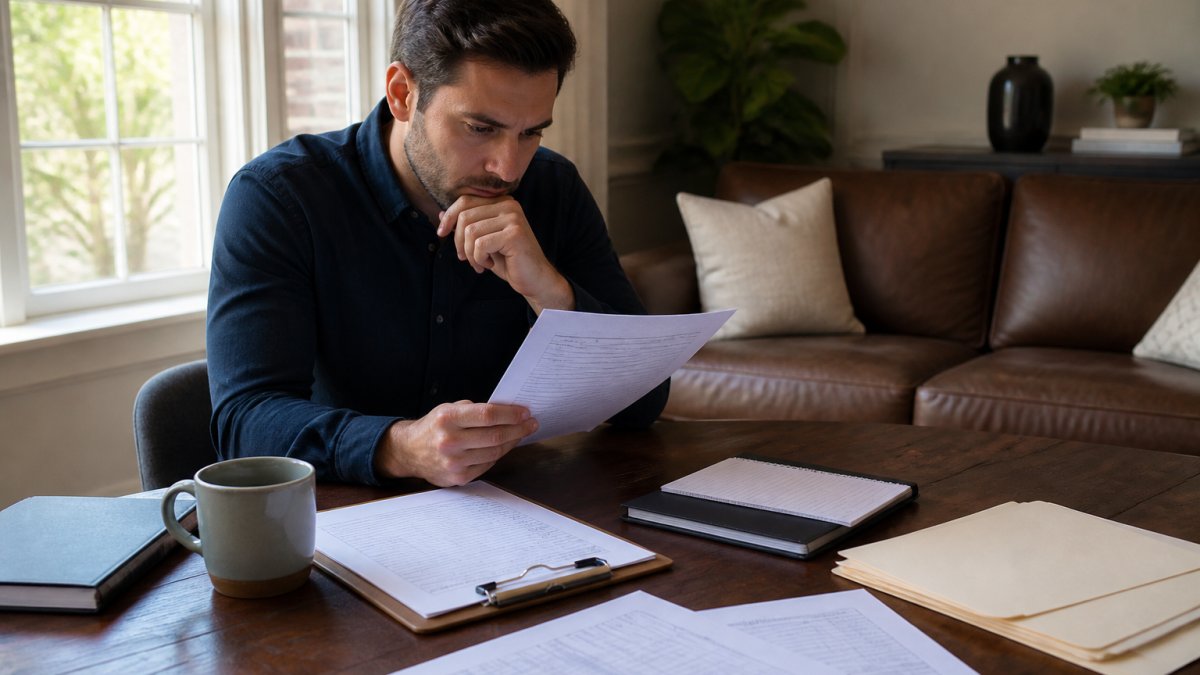 Professional entrepreneur reviewing dealer auction listings on a laptop in a home office with documents, coffee, and natural lighting from nearby window