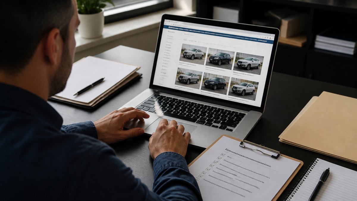 Professional reviewing auto auction platform details on laptop screen with verification checklist visible, natural office lighting