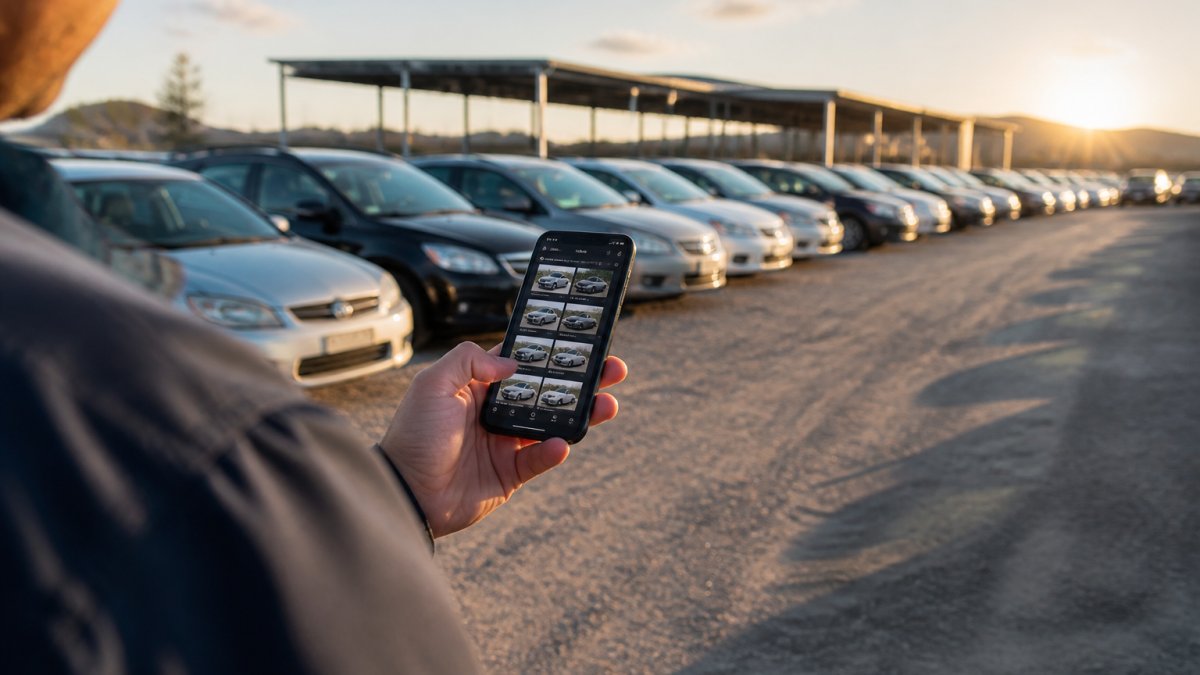 A person holding a smartphone with an auction app open, standing in a car lot with rows of vehicles in the background, early morning light