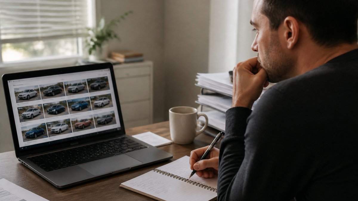 Professional reviewing vehicle auction listings on a laptop to manage a wholesale car business low overhead.